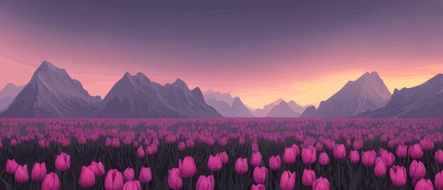 A field of tulips against the backdrop of mountains spring banner vector illustration huge field of