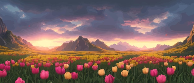 A field of tulips against the backdrop of mountains spring banner vector illustration huge field of