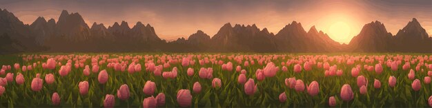 Un campo di tulipani sullo sfondo delle montagne primavera bandiera vettoriale illustrazione enorme campo di