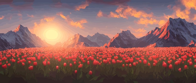 Vector a field of tulips against the backdrop of mountains spring banner vector illustration huge field of
