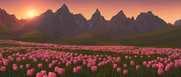 A field of tulips against the backdrop of mountains spring banner vector illustration huge field of