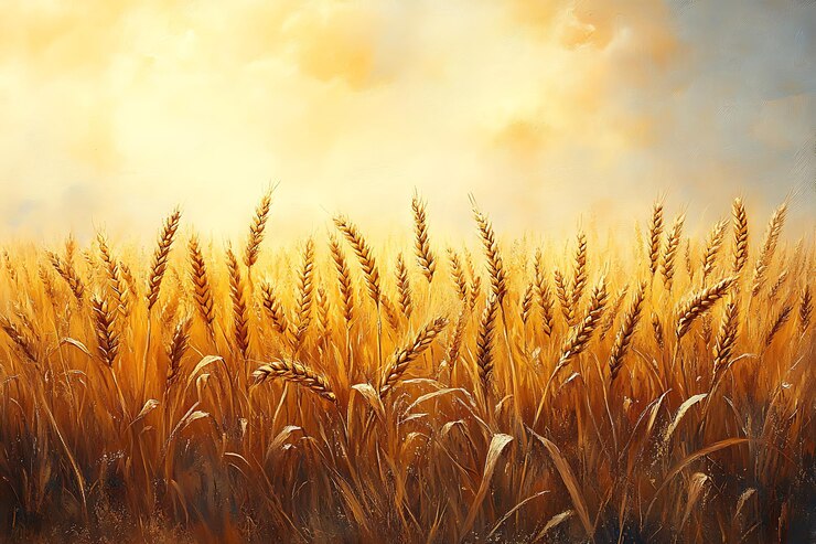 Vector field of wheat against blue sky style