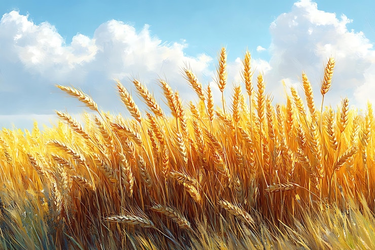 Vector field of wheat against blue sky style