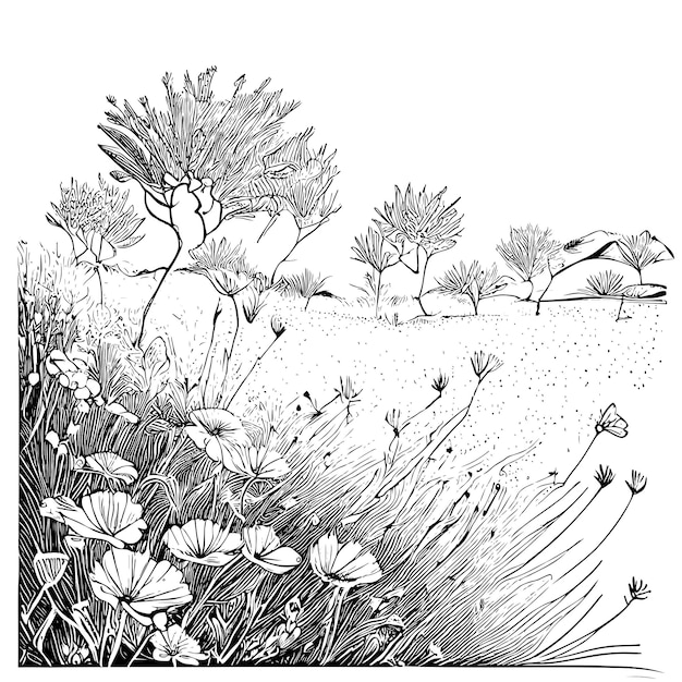 Field with wild flowers abstract sketch hand drawn engraving style Vector illustration