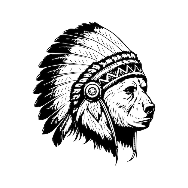 A fierce bear wearing an Indian chief's headgear in a Hand drawn line art illustration