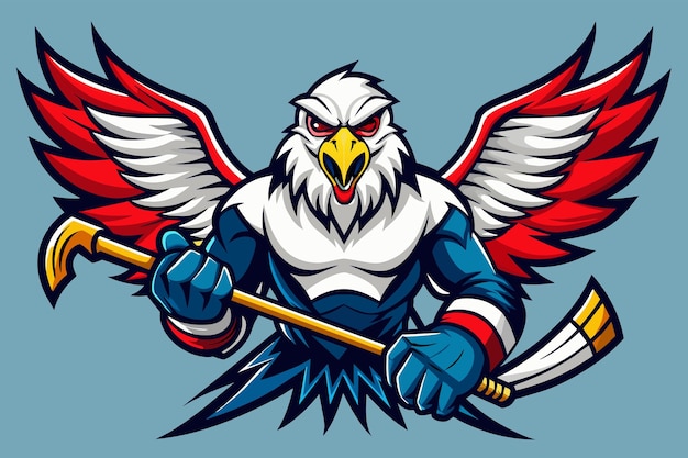 Vector a fierce eagle with outstretched wings clutching a hockey stick