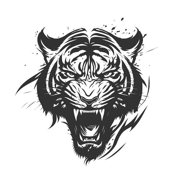 Fierce and Powerful Black and White Angry Tiger Silhouette Abstract Illustration.