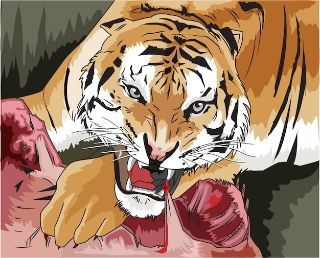 Fierce tiger roaring with its mouth open and trying to tear off meat