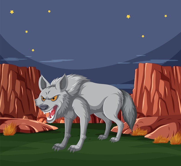 Вектор Ожесточенный волк в звездной ночной сцене
