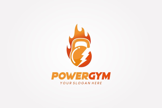 Fiery kettlebell gym strength logo and thunder symbol fitness and bodybuilding club logo