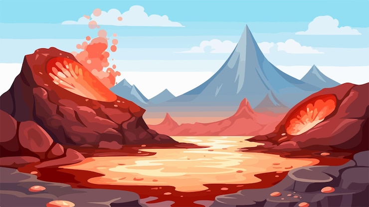 Vector fiery lava eruption creates stunning red hot water lake in volcanic crater