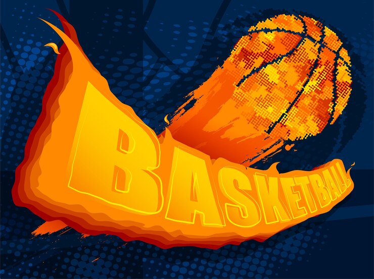 Vector fiery red hot sports ball for game flies over name and basketball backboard background sports