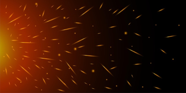 Vector fiery sparks on air over dark night from left side flying glowing particles from fire flame lights