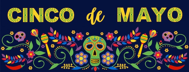 깃발, 꽃, 장식 및 마라 카스 텍스트 Feliz Cinco de Mayo 축제 배너 및 포스터.