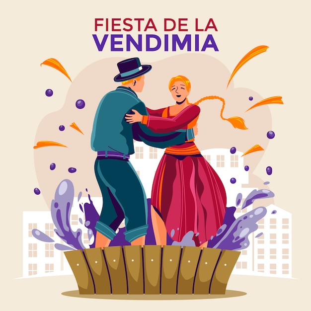 Vector fiesta de la vendimia betekent druivenoogstfestival in het spaans met een echtpaar dat op de druiven stapt