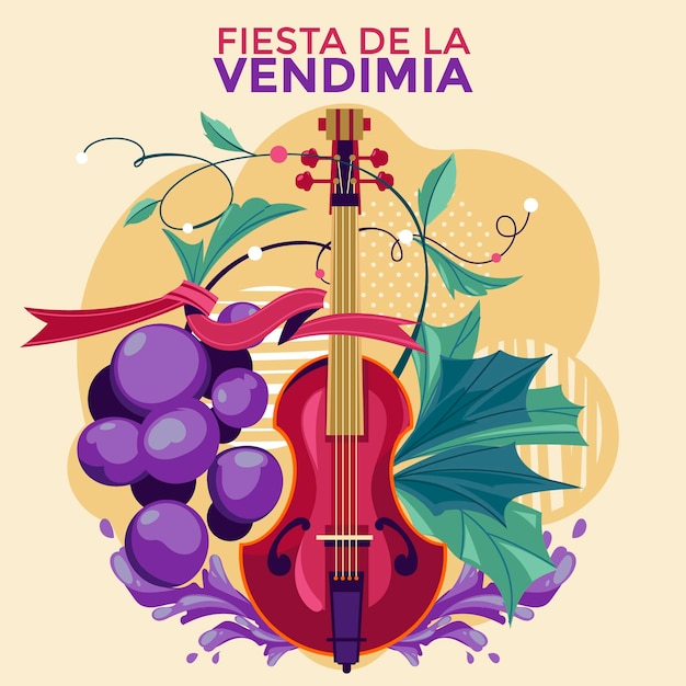 Vector fiesta de la vendimia mean grape harvest festival in spanish with violin and grapesbackground