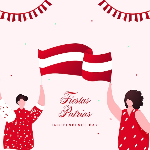 Vector fiestas patrias independence day concept with cartoon man and woman holding peru flag on pastel pink background