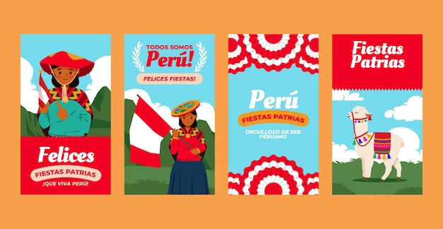 벡터 fiestas patrias peru 손으로 그린 플랫 ig 이야기 세트