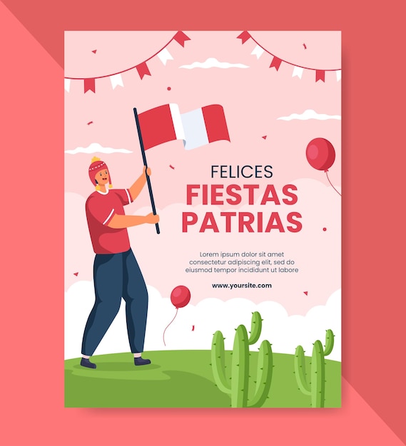 Fiestas Patrias Peru Vertical Poster Template Social Media Cartoon Background Vector Illustration