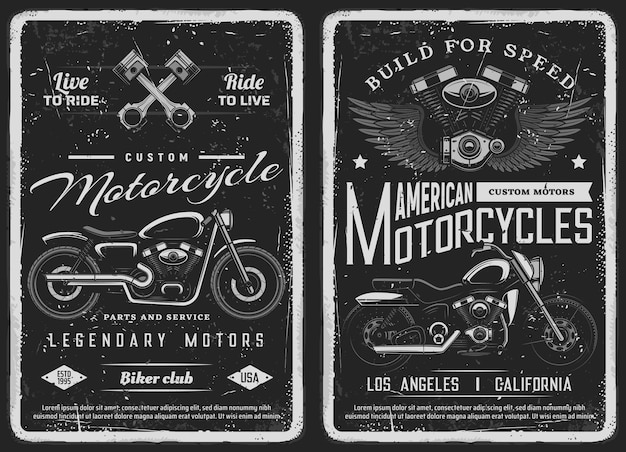 Fiets en aangepaste motorfiets vintage posters. Amerikaanse motorfietsen monteur service, reparatie station of biker club workshop grunge banners. Vector klassieke choppermotoren, motorblokken en zuigers