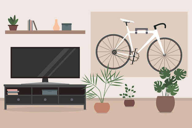 Fiets hangend aan de muur in woonkamer woonkamer interieur met tv bloemen in potten fiets