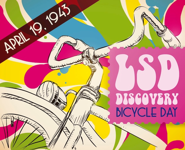 Fiets in handgetekende stijl met psychedelische achtergrond en roze papier om Fietsdag te vieren