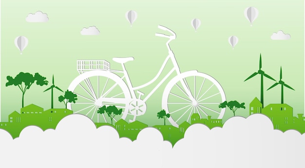 Fiets met groene eco stadsgezicht abstracte papier knippen achtergrond. Vector papier knippen stijl.