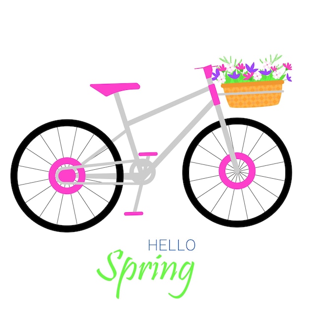 Fiets met mandje bloemen. Lente vierkante kaart of banner vectorillustratie.