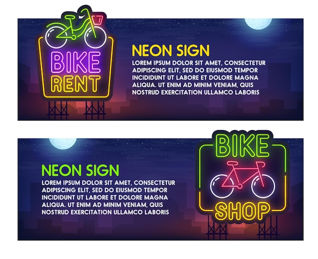 Fietsenwinkel met neonreclamebannerset