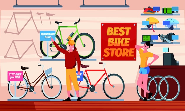 Fietsenwinkel sportmensen klanten in extreme markt voor avontuurlijke fietsen collectie opzichtige vector cartoon achtergrond illustratie van fietsenwinkel en winkel transport fietsen