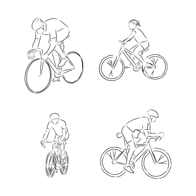 Fietser rider man met fiets geïsoleerd op achtergrond vector illustratie hand getekende schets