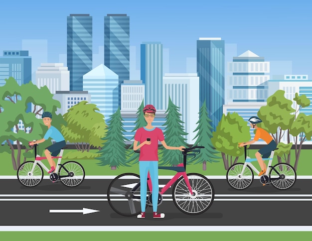 Fietsers fietsen op stadsstraten met wolkenkrabbers en mensen.