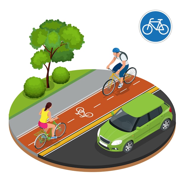 Fietsers in de stad. Fietsen op fietspad. Fiets verkeersbord en fietsers. Platte 3d isometrische vectorillustratie. Mensen die fietsen. Fietsers en fietsen. Sport en beweging