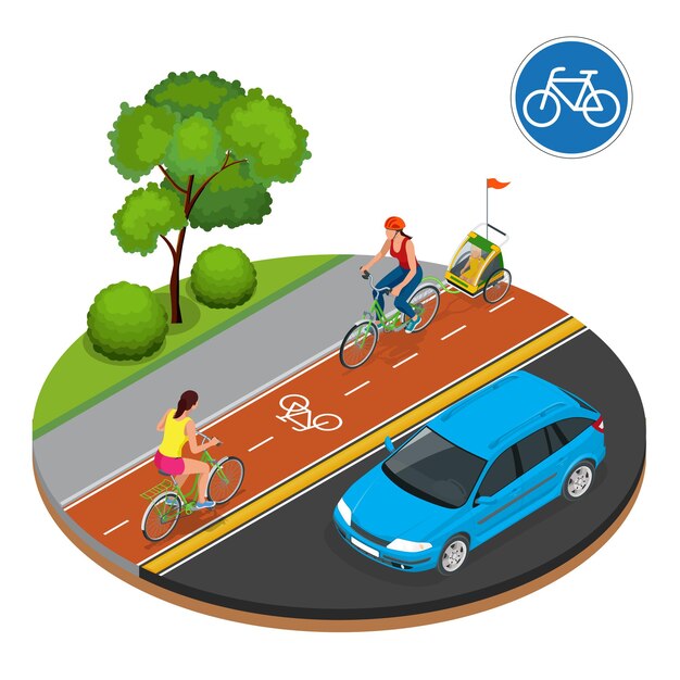 Fietsers in de stad. Fietsen op fietspad. Fiets verkeersbord en fietsers. Platte 3d isometrische vectorillustratie. Mensen die fietsen. Fitness, sport, mensen en gezonde levensstijl concept.
