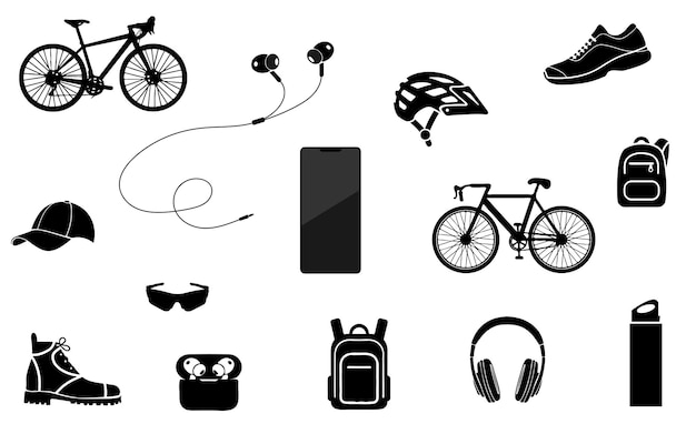 Fietserschoenen tas helm smartphone koptelefoon zonnebril silhouet vector element sierlijk decor