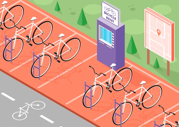 Fietsverhuur isometrische illustratie met fietsparkeren en kaart
