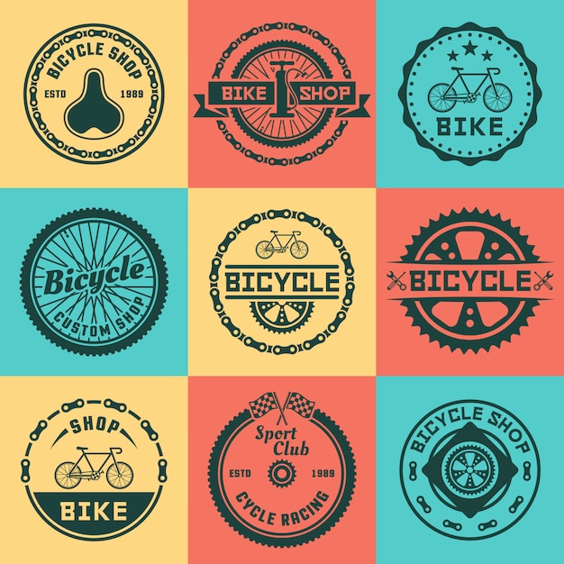 Fietswinkel set vector gekleurde ronde logo, badges, emblemen