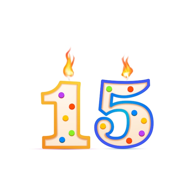 Fifteen years anniversary, 15 number shaped birthday candle with fire on white