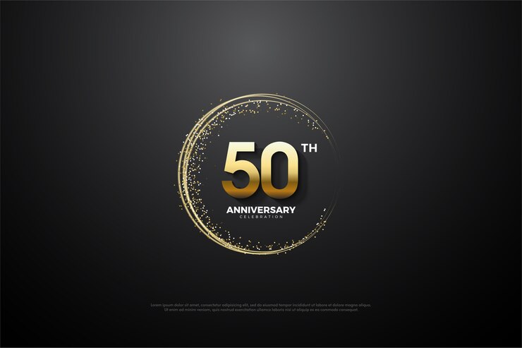 황금 불꽃으로 형성된 반원이있는 50 주년 기념 배경