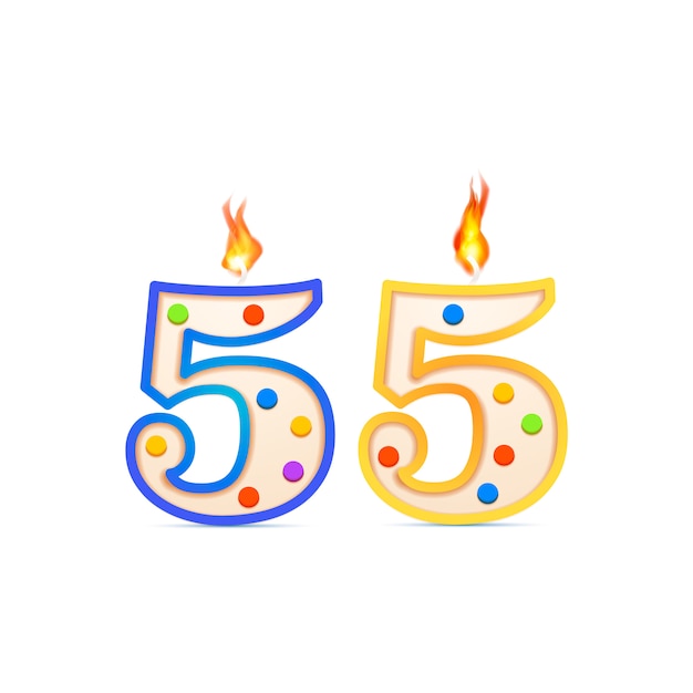 Vector fifty five years anniversary, 55 number shaped birthday candle with fire on white