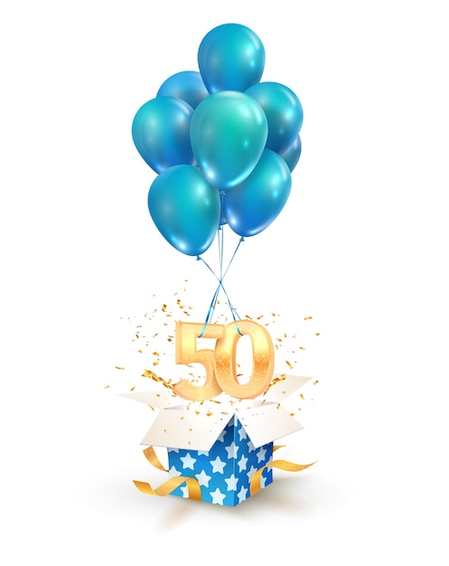 Fifty years celebrations greetings of fiftieth anniversary isolated design elements. open textured gift box with numbers and flying on balloons