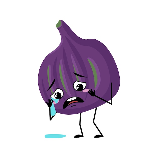 Fig character with crying and tears emotion sad face depressive eyes arms and legs person with melancholy expression violet fruit emoticon vector flat illustration