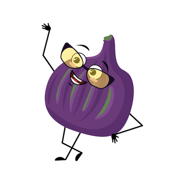 Фиговый персонаж в очках и счастливые эмоции лицо улыбка глаза руки и ноги Человек со счастливым выражением смайлик фиолетовый фрукт Векторная плоская иллюстрация