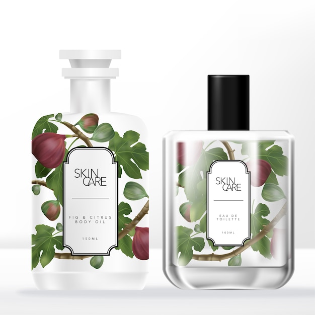 Vector fig & citrus illustration printed  body or essential oil white stopper bottle & clear perfume bottle packaging