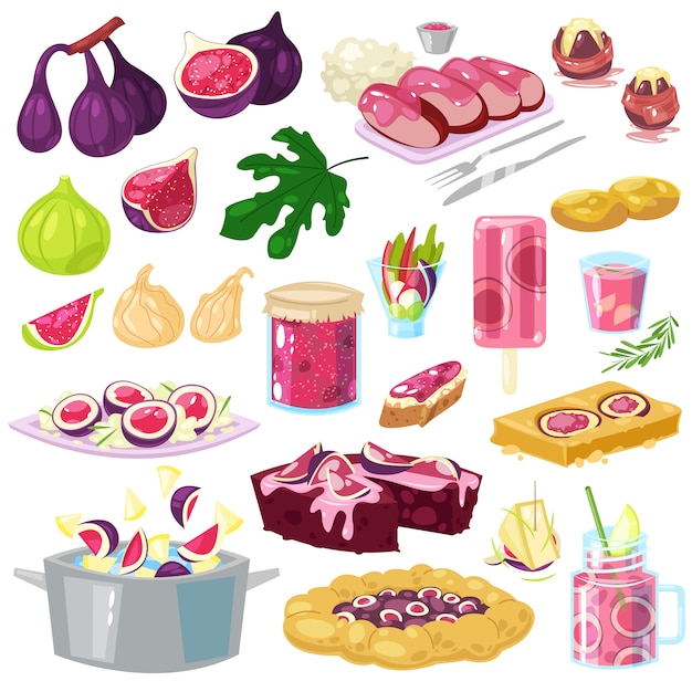 Vector fig dacht fruit en vers fruitig sap of natuurlijke jam voor zoete dessert illustratie set van versheid voedsel en drank