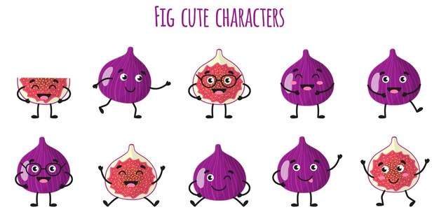 Fig fruit cute funny cheerful characters with different poses and emotions