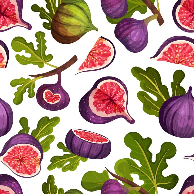 Fig fruit seamless pattern design with green leaf vector template