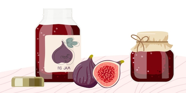 Fig jam in glass jars with label and fresh fig on table Canned fig fruits Jam in jars Homemade