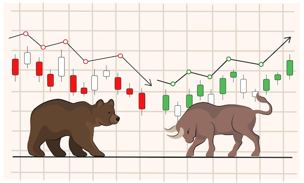 Lotta di toro e orso grafico di criptovaluta candelieri giapponesi e frecce prezzi in aumento e in calo mercato azionario illustrazione tendenza rialzista e ribassista vettore banner per il trading in borsa