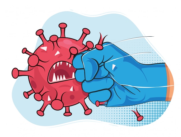 Fight coronavirus. strong arm in blue medical protective glove punching and crash covid-19 virus bacteria mascot. illustration.